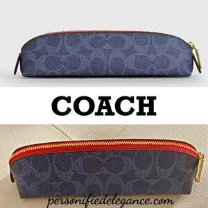 NEW Coach Signature Print Denim Bold Red Coated Canvas Pencil Case Makeup Bag
